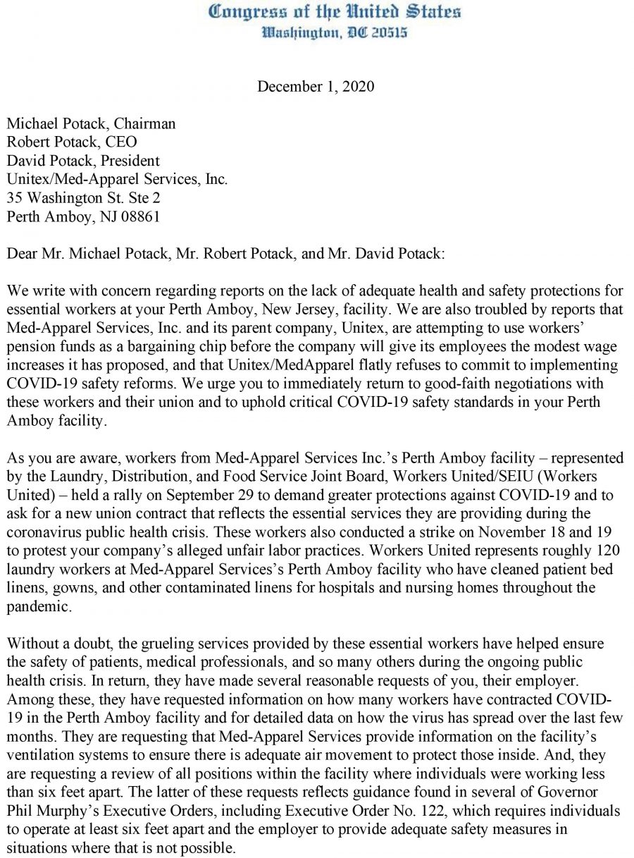 Congress of the United States Letter to Med Apparel Workers Laundry